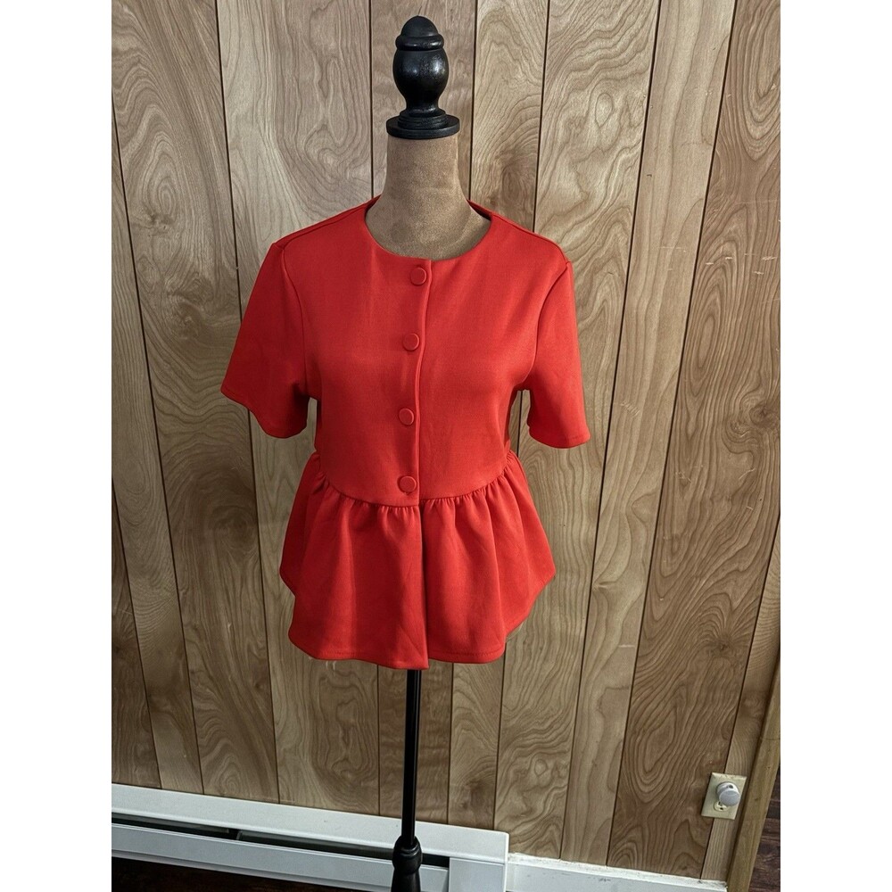 H&M Red Scuba Peplum Top Blouse Size Small S Short Sleeve‎ Round Neck Button